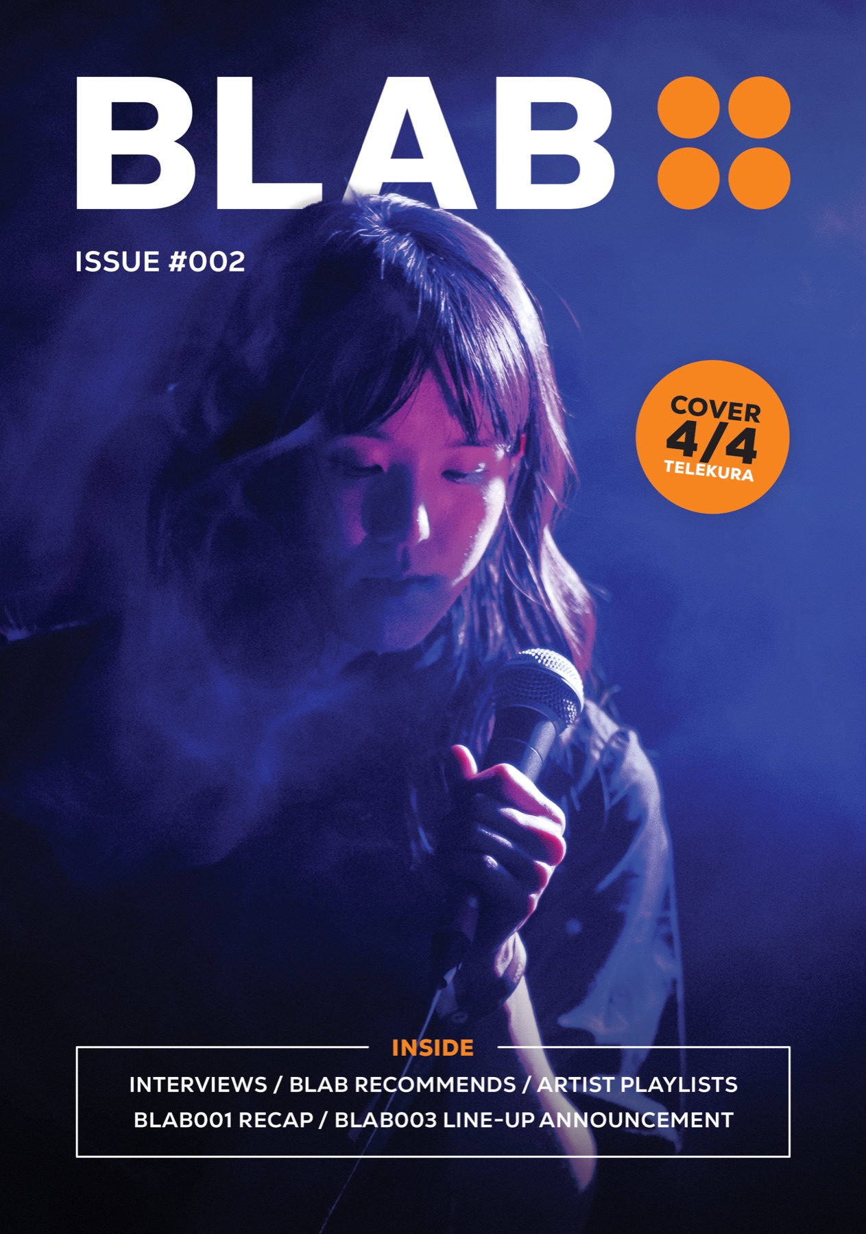 BLAB Issue 002 cover featuring a TELEKURA vocalist holding a microphone under blue and violet stage lighting
